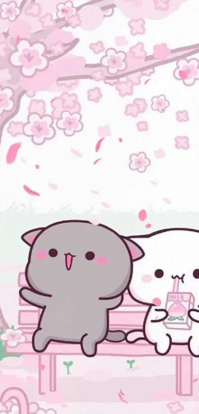 Cute cartoon cats with cherry blossoms in pastel colors.