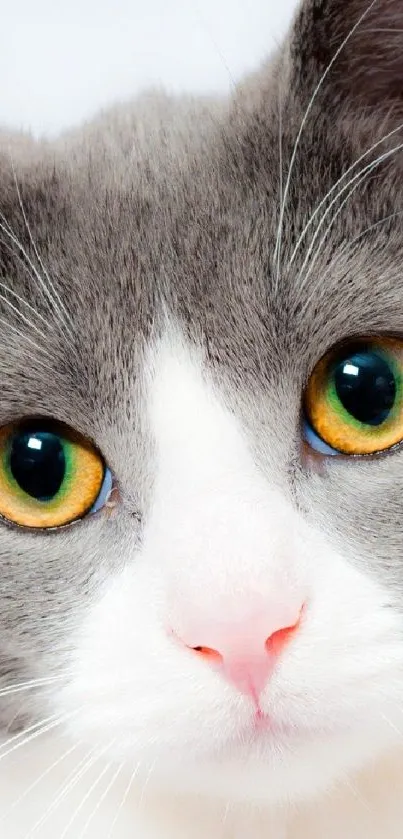 Close-up of a gray and white cat with bright, captivating eyes.