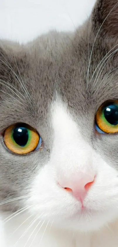 Close-up of a cute gray cat with green eyes, perfect for mobile wallpaper.