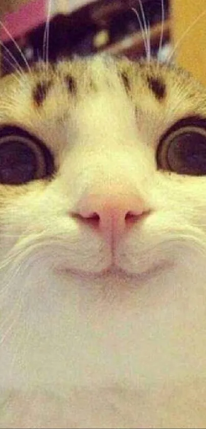 Adorable close-up of a smiling cat with large eyes and a curious expression.