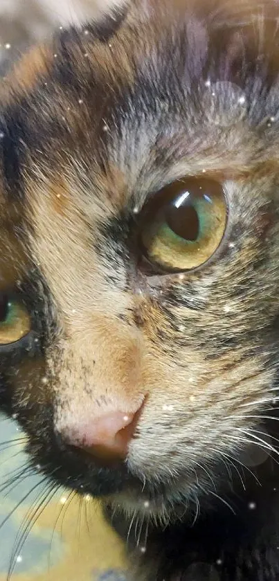 Close-up of a tortoiseshell cat with green eyes on a patterned background.