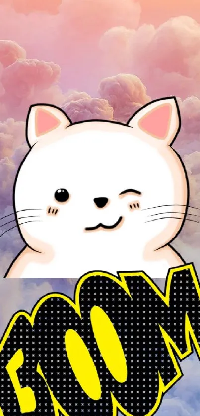 Cute cartoon cat with 'Boom' text on cloudy background.