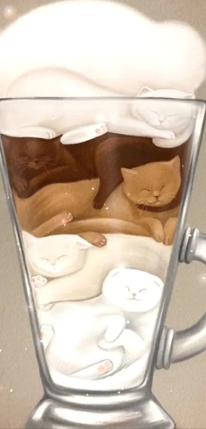 Illustration of adorable cats cozying in a coffee cup, creating a whimsical, warm vibe.