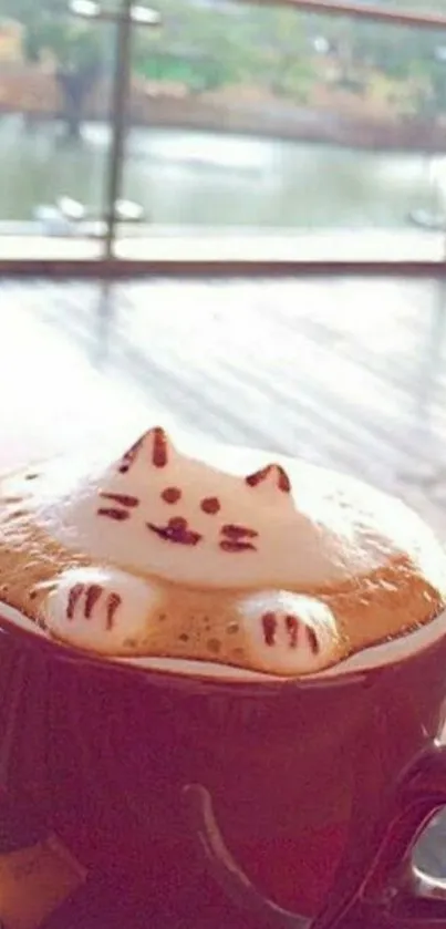 Cute cat-shaped latte art in a coffee mug by a window.