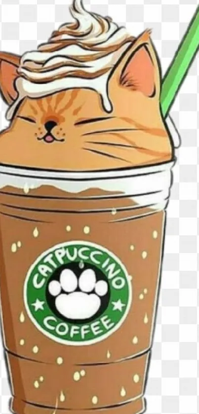 Cute cat sipping from a coffee cup in cartoon style.