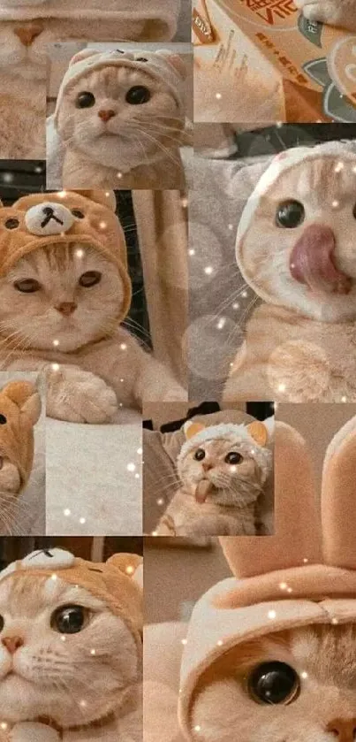 Cute cats in animal hats collage wallpaper for mobile.