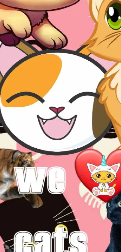 Collage of cute cartoon and real cats on a pink background.