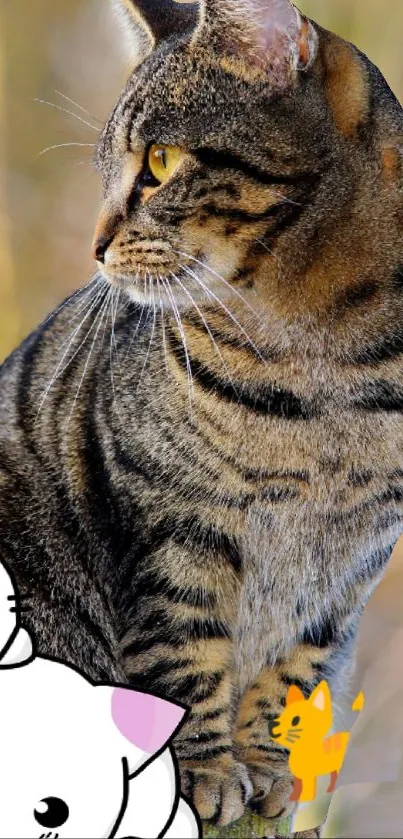 Realistic tabby cat with cute illustrated companions on a mobile wallpaper.