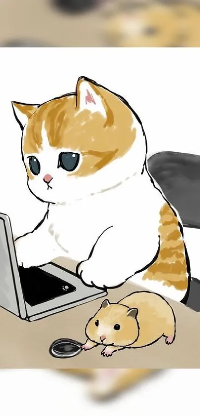 Cute cat and hamster at computer desk.