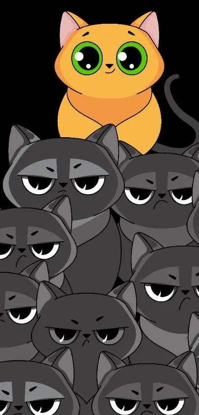 Adorable orange cat amid grumpy black cats on mobile wallpaper.