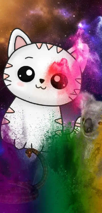 Cute cartoon cat and koala in a cosmic, colorful space scene.