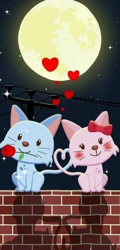 Cute cat couple under the moon with hearts