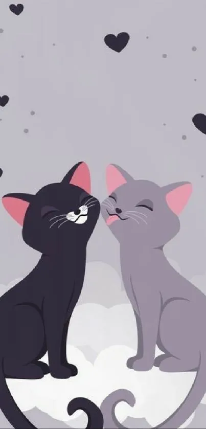 Cute cartoon cats with hearts on a gray background.