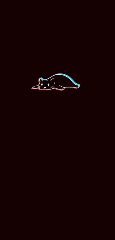 Minimalist neon cat on dark red wallpaper background.