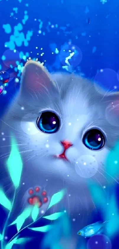 Cute kitten swimming in a blue underwater fantasy scene.