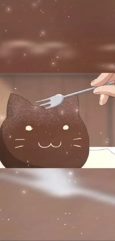 Cute cat-shaped dessert with fork in brown hues.