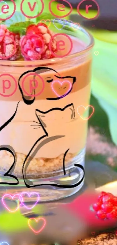 Cat sketch on dessert in glass with raspberries and vibrant colors.