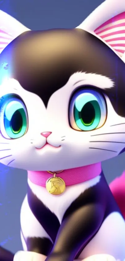 Cute animated cat with green eyes and pink collar on a blue background.