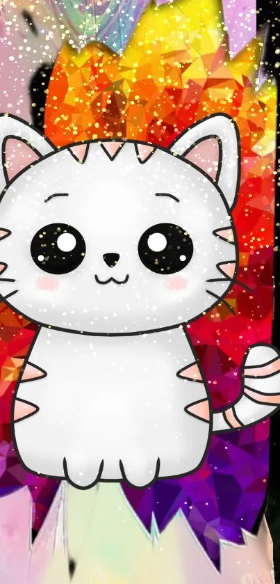 Cute digital art cat with vibrant colors on a phone wallpaper.