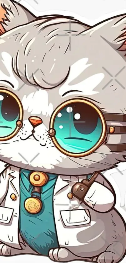 Cute cartoon cat dressed as doctor with teal glasses.