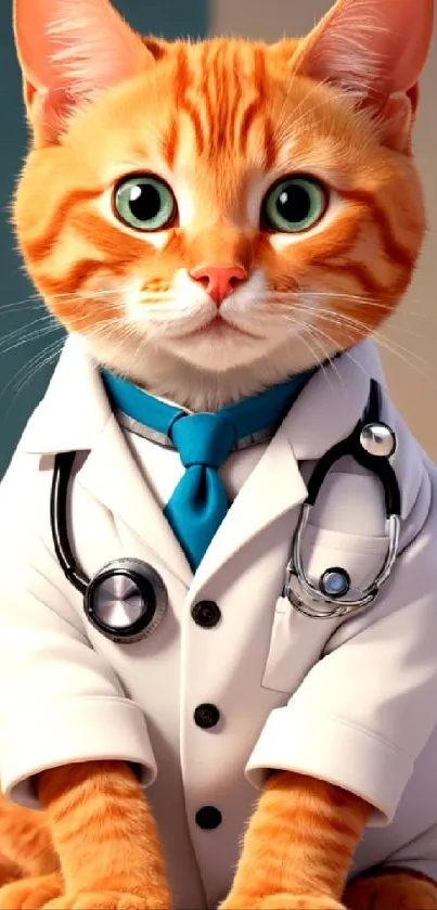 Orange tabby cat in a doctor coat on a colorful wallpaper.