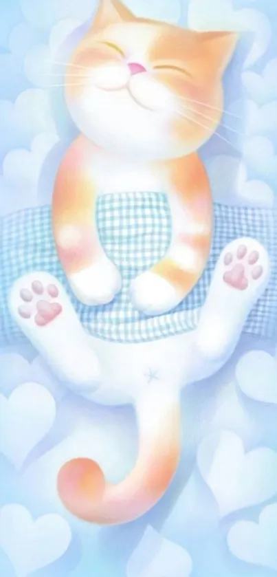 Cute cat sleeping with heart shapes in a blue pastel background.