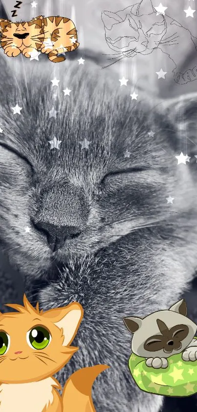 Adorable sleeping cat with stars and cartoon kittens mobile wallpaper.