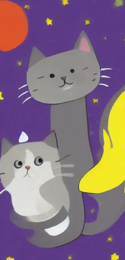 Whimsical cats with a banana tail under a starry purple sky.