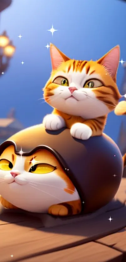 Adorable duo of animated cats with magical sparkles on a wooden background.