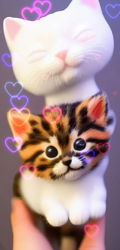 Adorable cats with glowing heart overlays on a mobile wallpaper design.