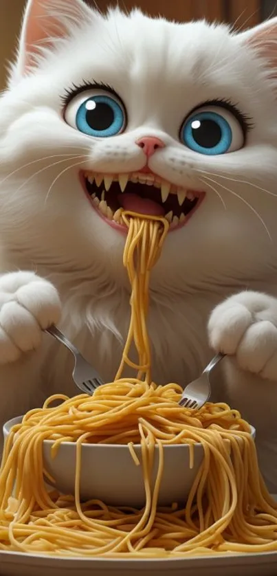 Fluffy cat eating spaghetti with a cute expression.