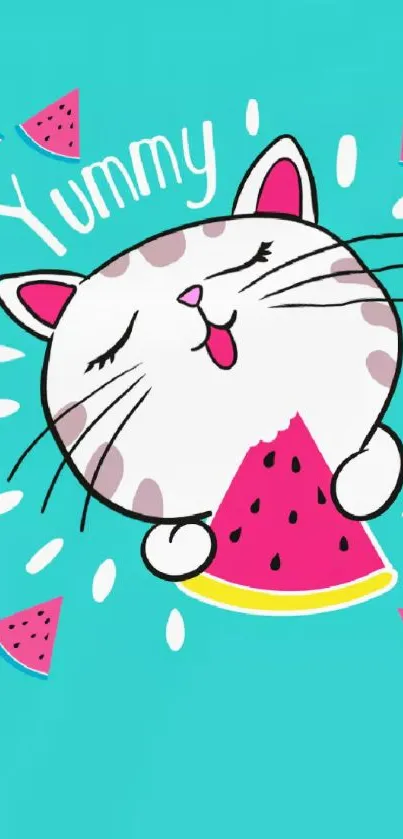 Cute cartoon cat enjoying watermelon with turquoise background.