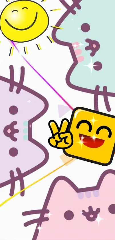 Cute cartoon cats and emoji with bright colors in a playful phone wallpaper.