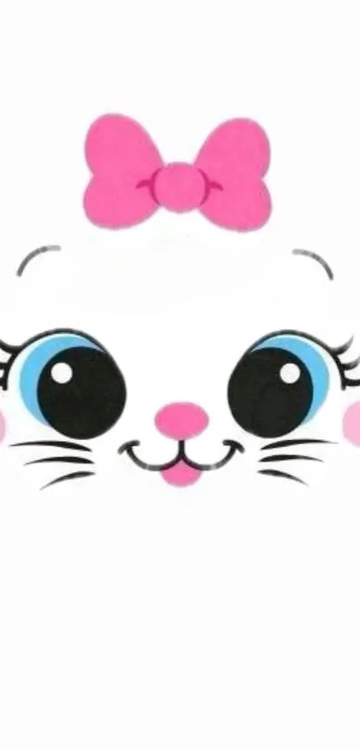 Adorable cat face with a pink bow and blue eyes on a white background.