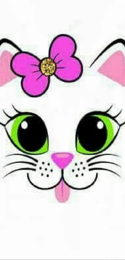 Cute cartoon cat face with pink bow on white background.