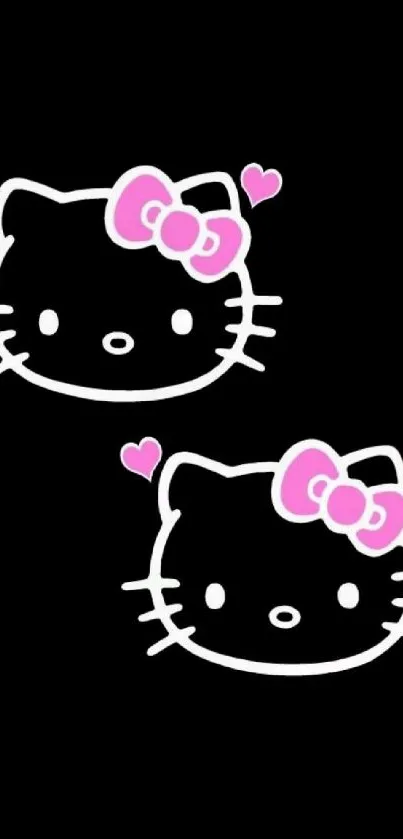 Cute cat faces with pink bows on black background.