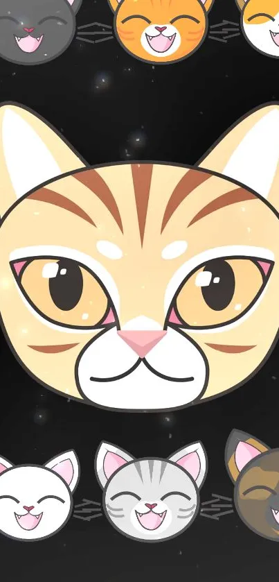 Mobile wallpaper with cute cartoon cat faces on a starry black background.