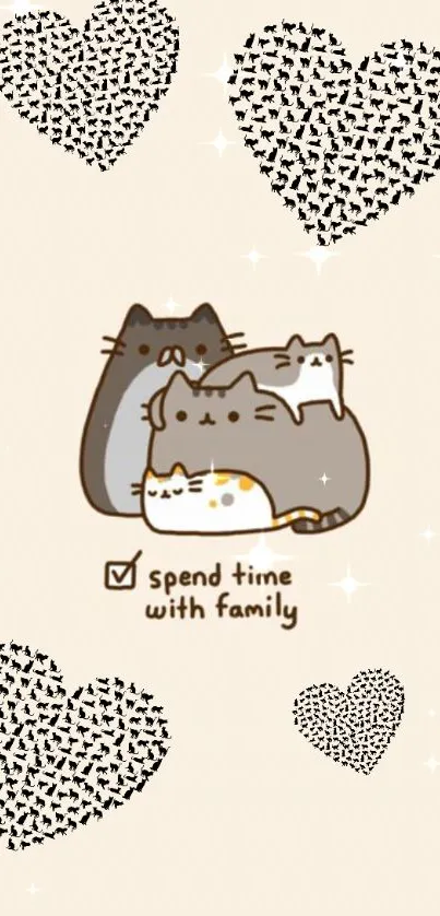 Adorable cartoon cat family with hearts on a beige background.