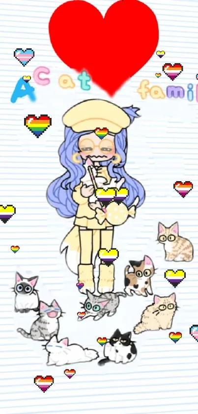 Cute cartoon girl with cats and colorful hearts on a light striped background.