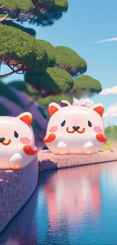 Cute pink cat figures by a colorful river with trees and blue sky.