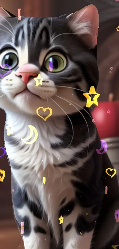 Cute cat with stars and hearts wallpaper.