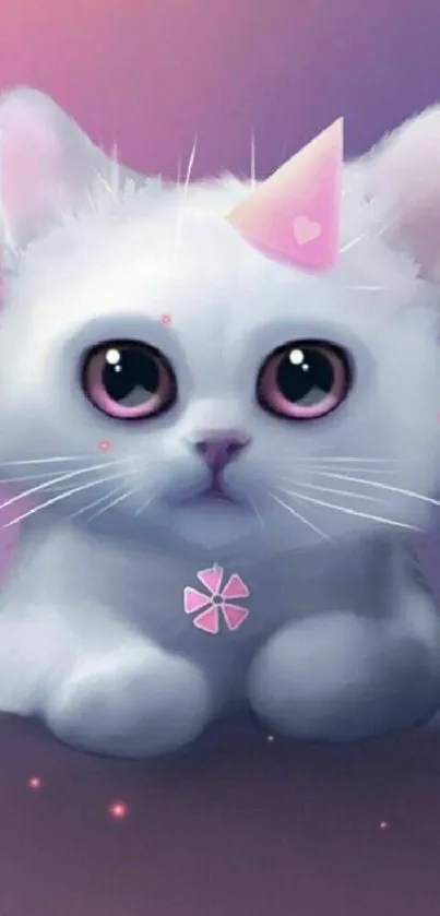 Adorable white cat with pink eyes and hat in fantasy style wallpaper.