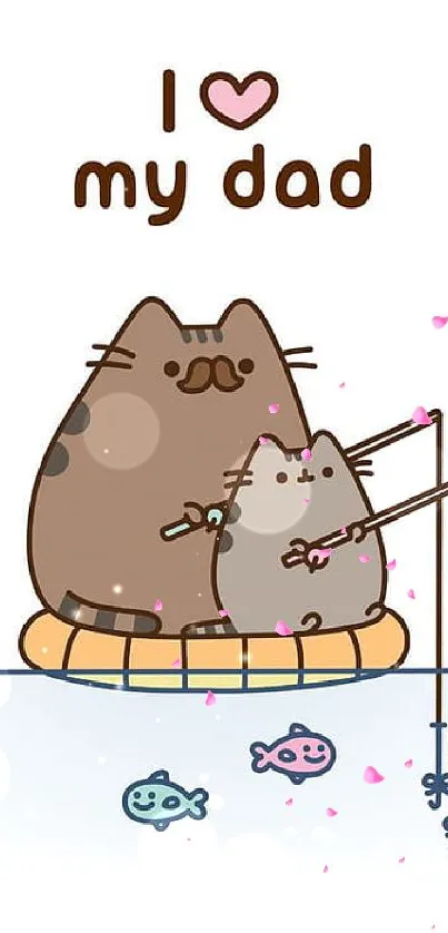 Father-son cartoon cats fishing with pink hearts.