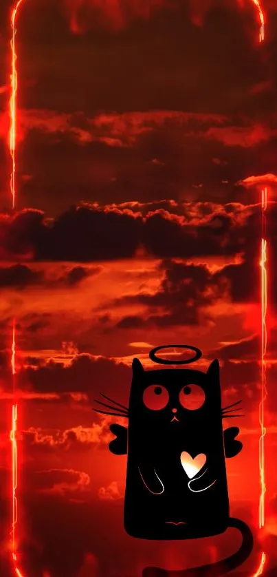 Cartoon cat with halo on fiery sky mobile wallpaper.