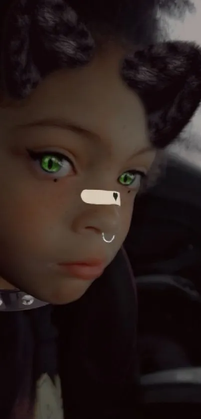 Child with cat ears filter and glowing green eyes.