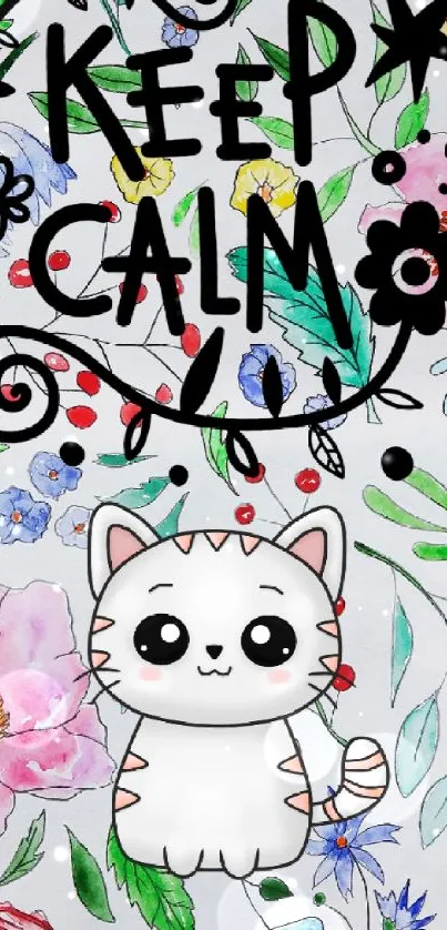 Whimsical cat and floral mobile wallpaper with a 'Keep Calm' message.