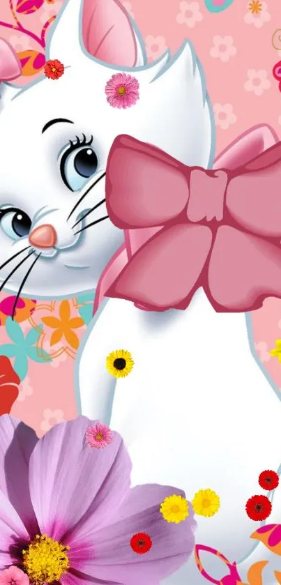 Cute cat with pink bow among colorful flowers on pink background.