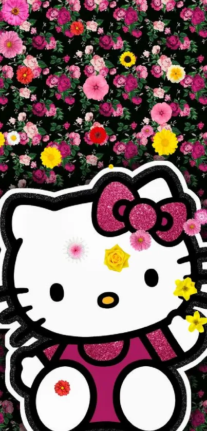 Cute cat with pink floral and glittery background for mobile wallpaper.