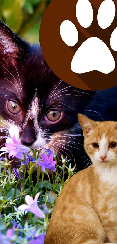 Charming mobile wallpaper with two adorable cats amid vibrant purple flowers.