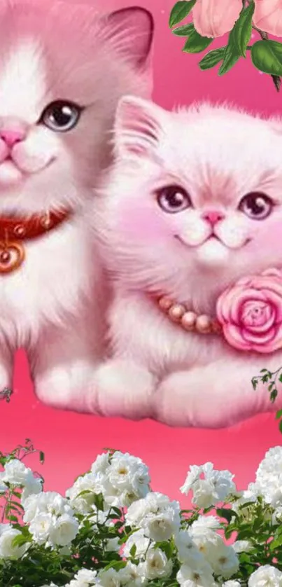 Cute pink cats with floral accents on a mobile wallpaper.